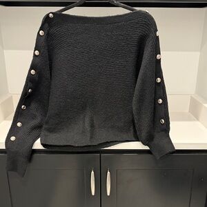 Guess Black Off-the-Shoulder Megan Sweater with Button Accents. Size S